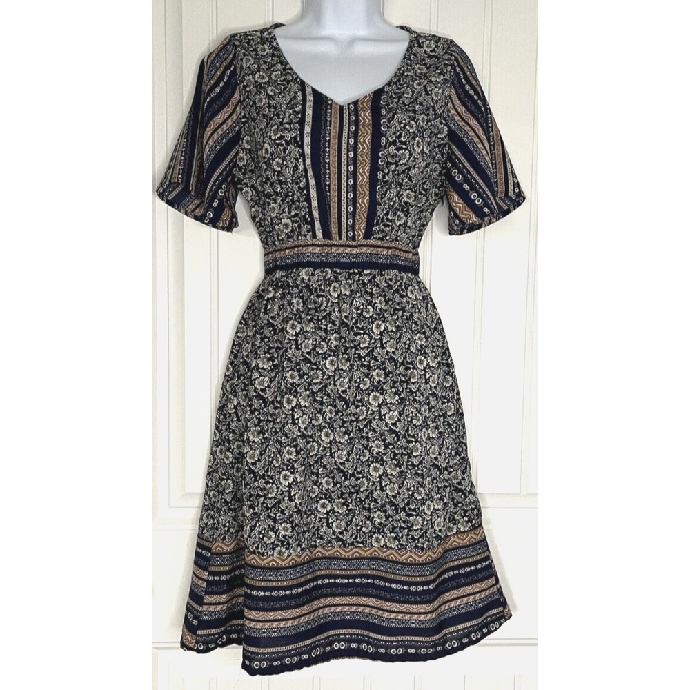 Polagram Chiffon Maxi Dress Womens Small Blue Brown Floral Cottage Short Sleeve‎